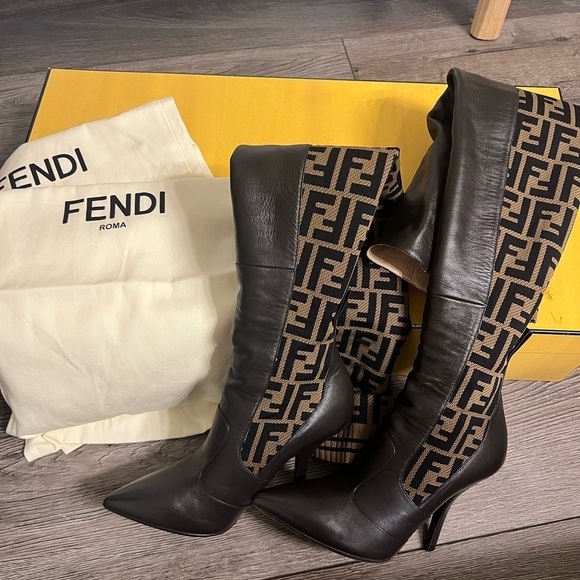 Fendi Rockoko Brown FF Logo Stretch Knit Sock Thigh High Boots - 37 - Picture 1 of 10